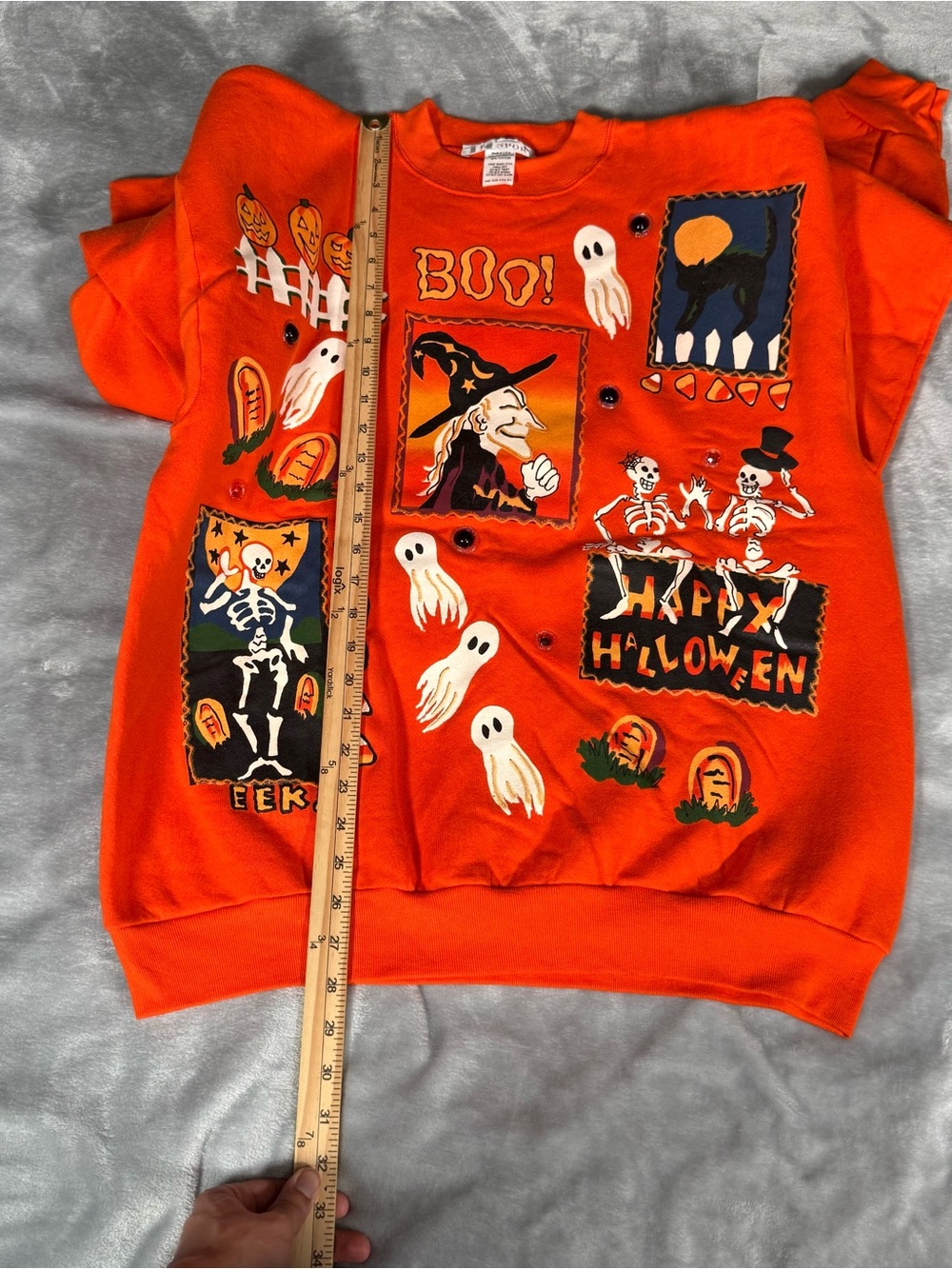 Vintage Happy Halloween Sweatshirt Mens XL Slim Fit (Estimated) Witch Skull 90s - Picture 9 of 10